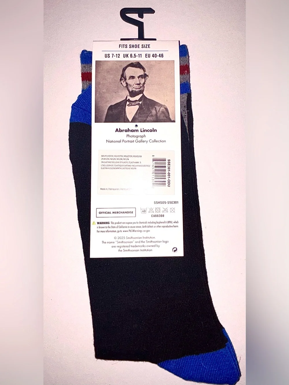 Men’s Black Abraham Lincoln Graphic Socks, Blue Toe